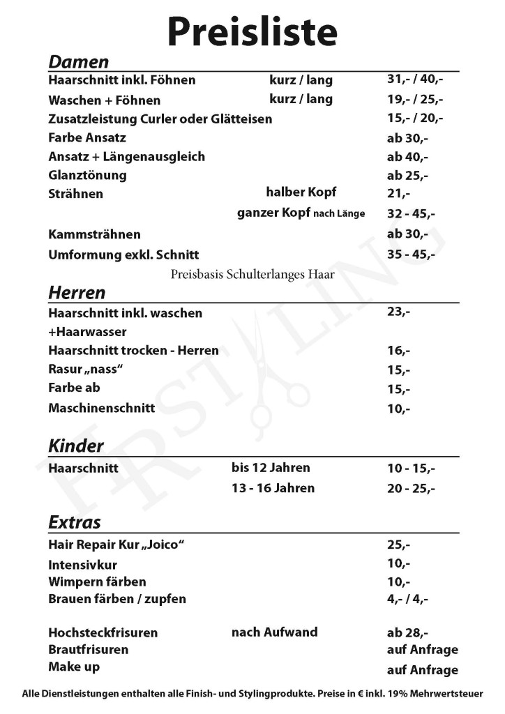Preisliste Friseur 2023